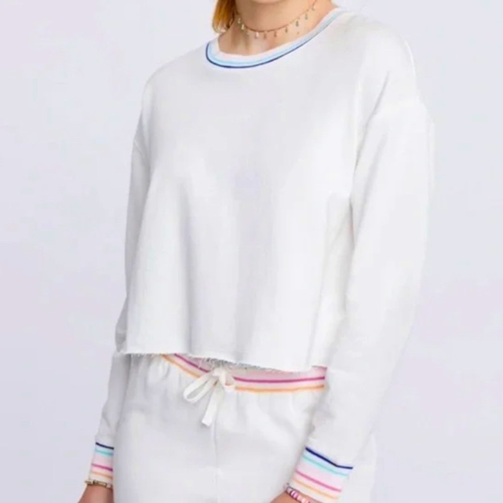 Splendid Crop Sweatshirt White Charli Pullover Striped Neck Cuff w Scrunchie